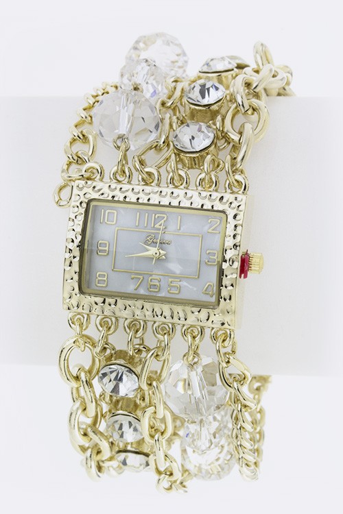 Crystal & Bead Layer Gold Fashion Bracelet Watch