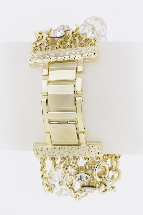 Crystal & Bead Layer Gold Fashion Bracelet Watch