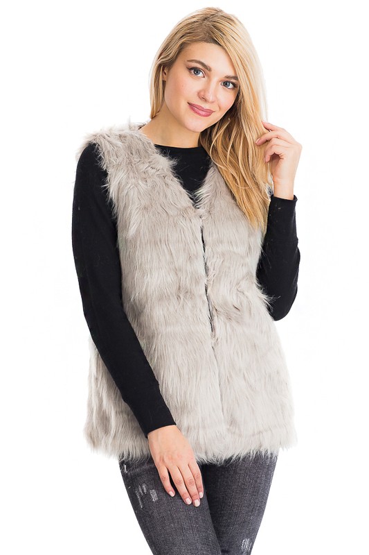 Faux Angora Fur Vest with Hook - Gray