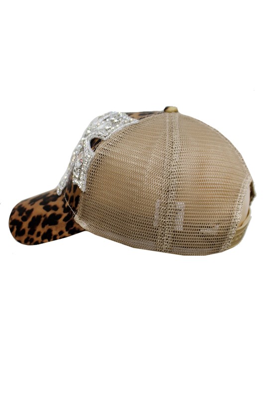 Clear Crystal Chunky Cross Embellished Cheetah All Print Trucker Hat