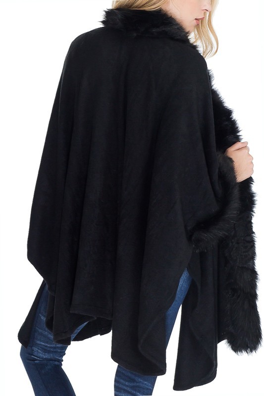 Faux Fur Trimmed Shawl Poncho - Black