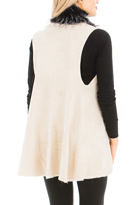 Black White Faux Fur Trim Poncho Vest - Cream