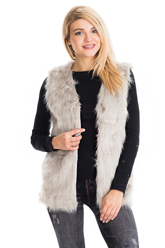 Faux Angora Fur Vest with Hook - Gray