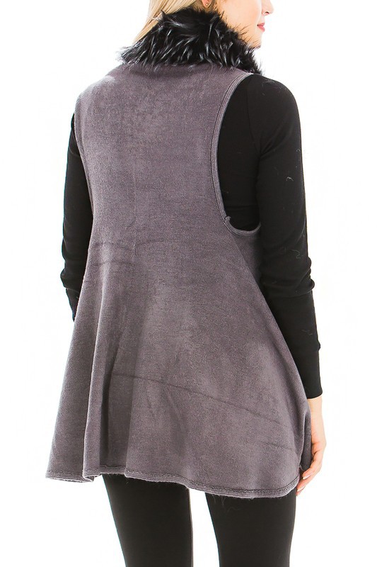Black White Faux Fur Trim Poncho Vest - Gray
