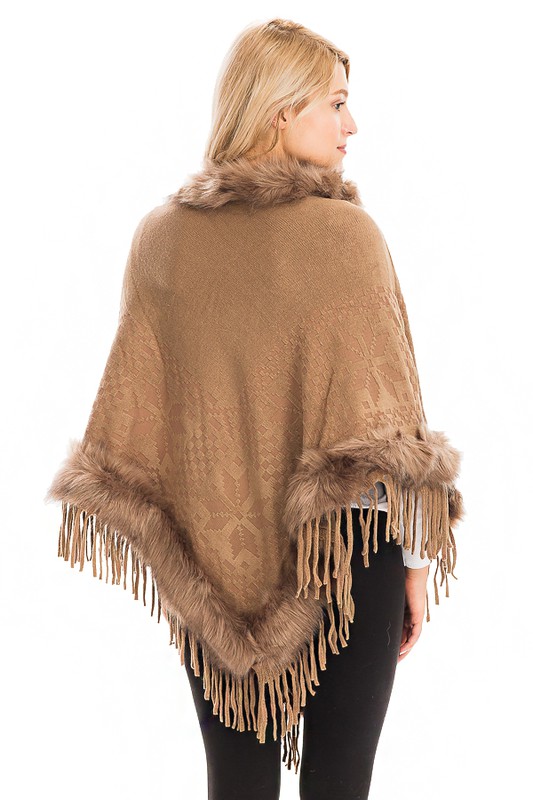 Faux Fur Cuffed and Collared Throw Over Poncho - Mocha Brown