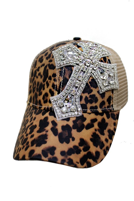 Clear Crystal Chunky Cross Embellished Cheetah All Print Trucker Hat