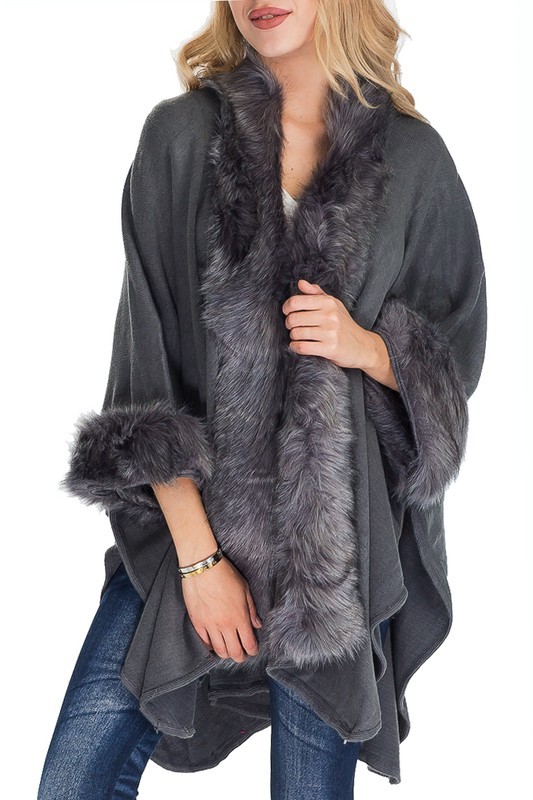 Faux Fur Trimmed Shawl Poncho - Gray