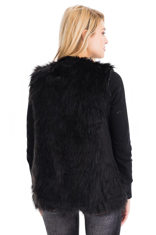 Faux Angora Fur Vest with Hook - Black