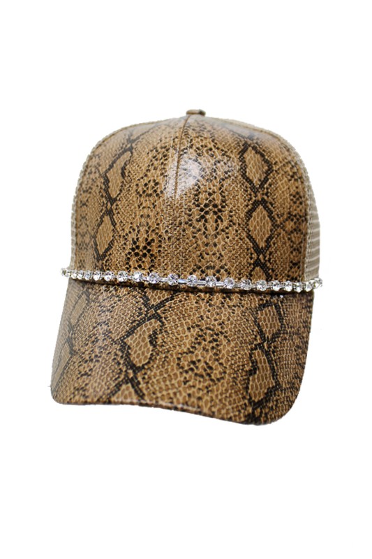 Reptile Snake Skin Print Crystal Rhinestone Embellished Bling Trucker Hat