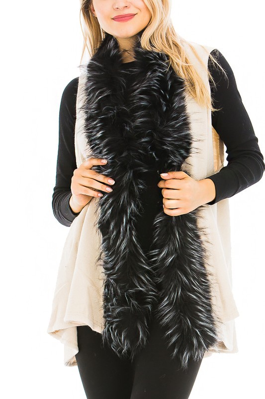 Black White Faux Fur Trim Poncho Vest - Cream