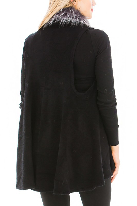 Black White Faux Fur Trim Poncho Vest - Black