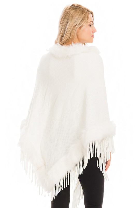 Faux Fur Cuffed and Collared Throw Over Poncho - Cream