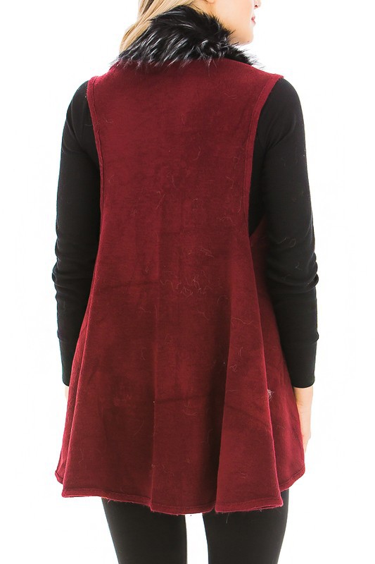 Black White Faux Fur Trim Poncho Vest - Burgundy