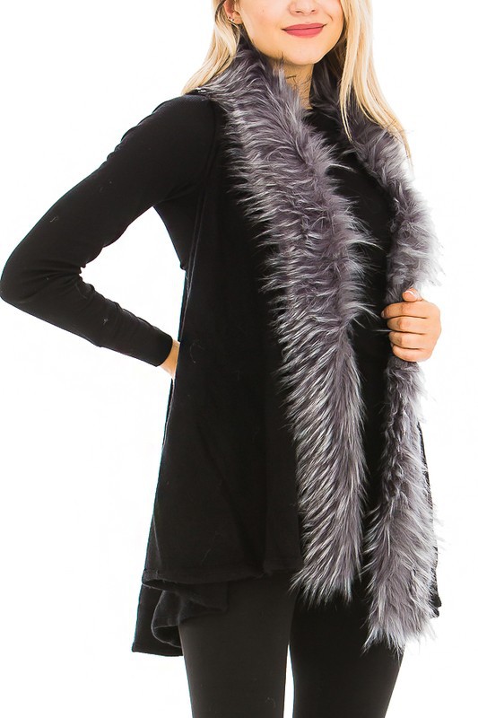 Black White Faux Fur Trim Poncho Vest - Black