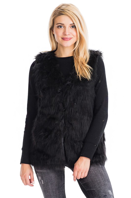 Faux Angora Fur Vest with Hook - Black