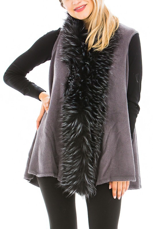 Black White Faux Fur Trim Poncho Vest - Gray