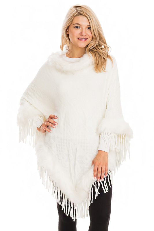 Faux Fur Cuffed and Collared Throw Over Poncho - Cream