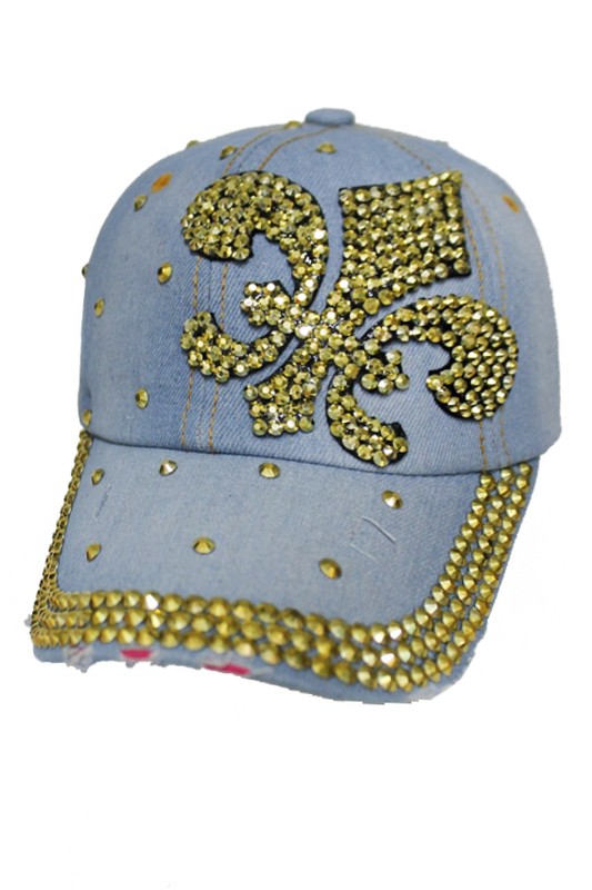 Gold On Gold Fleur De Lis Design Bling Denim Cap