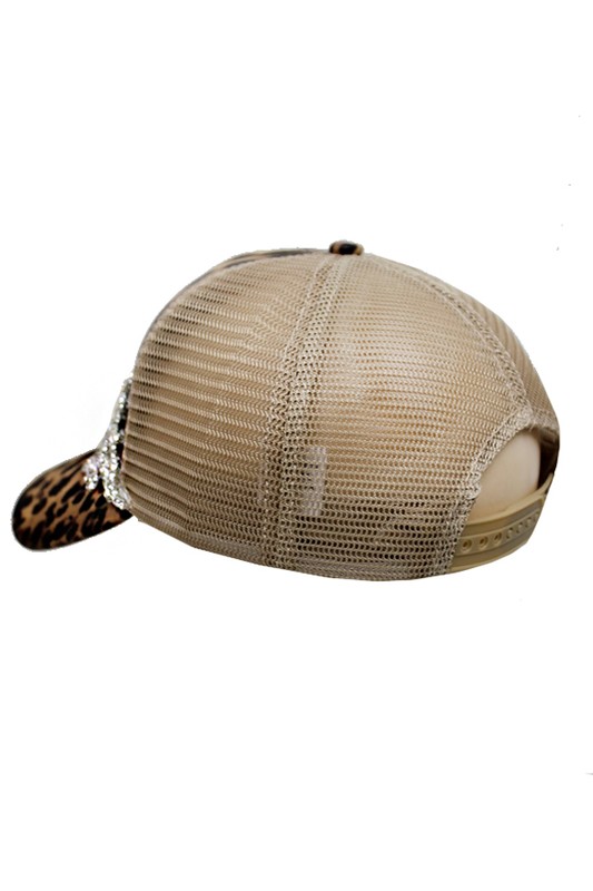 Cheetah Flower Clear Crystal Rhinestone Embellished Trucker Hat