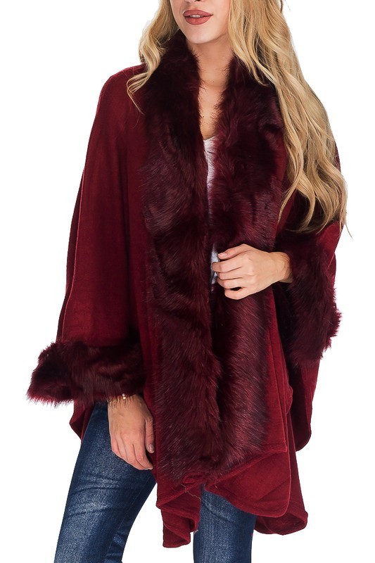 Faux Fur Trimmed Shawl Poncho - Burgundy