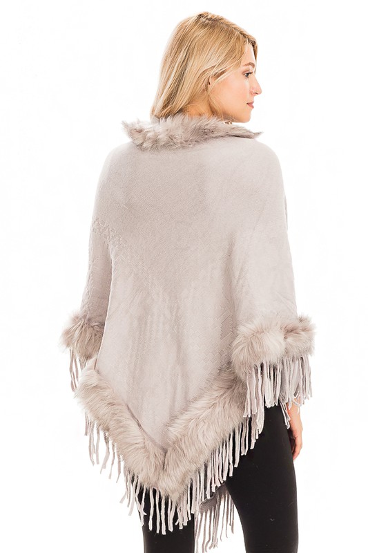 Faux Fur Cuffed and Collared Throw Over Poncho - Gray