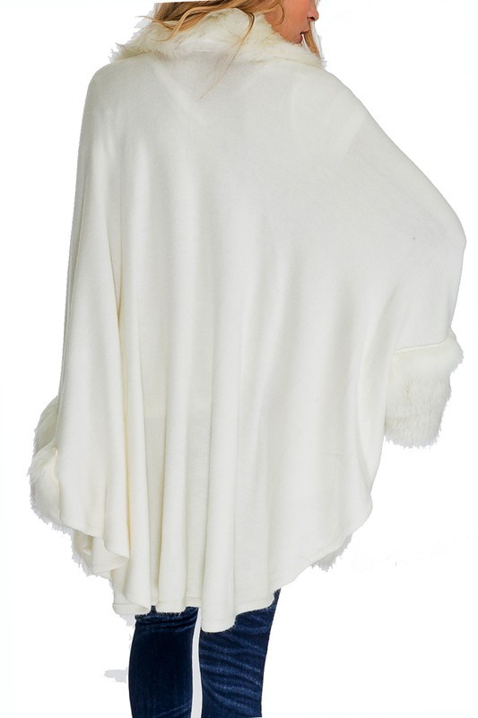 Faux Fur Trimmed Shawl Poncho - Cream