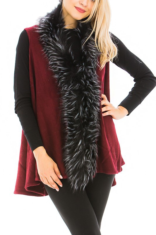 Black White Faux Fur Trim Poncho Vest - Burgundy