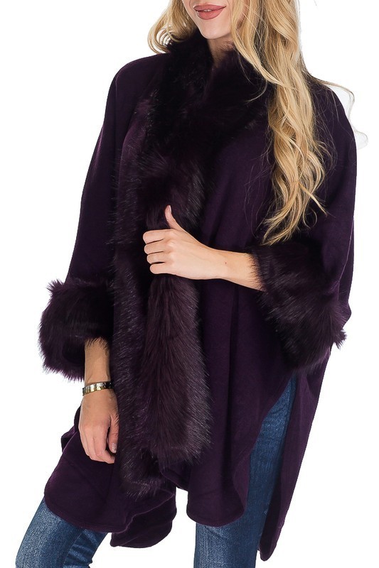 Faux Fur Trimmed Shawl Poncho - Purple
