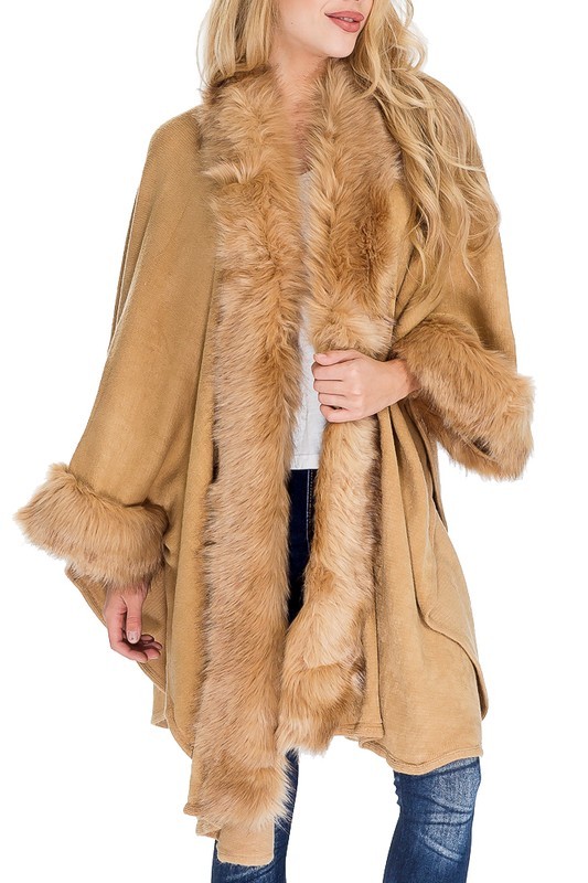 Faux Fur Trimmed Shawl Poncho - Camel