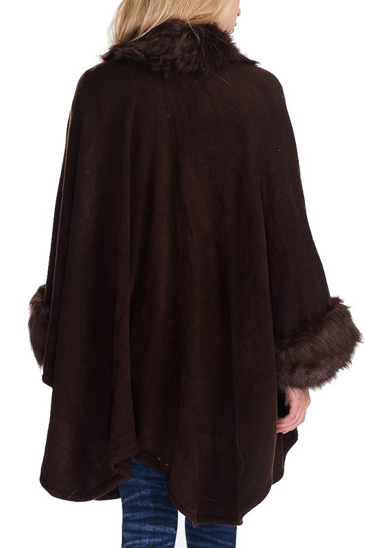 Faux Fur Trimmed Shawl Poncho - Brown