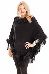 Faux Fur Cuffed and Collared Throw Over Poncho - Black