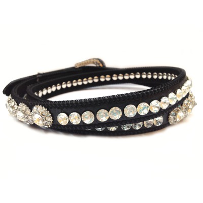 Narrow Rhinestone Genuine Leather Belt - Black