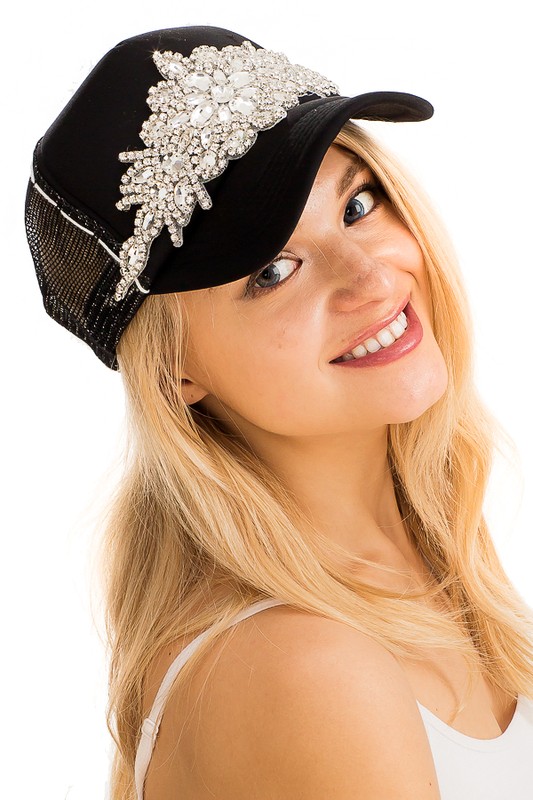 Crystal Flower Rhinestone White Thick stitched Trucker Baseball Cap