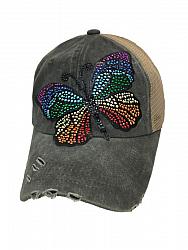 Butterfly Colorful Stone Applique Pigment Dyed Distressed Strap Back Trucker Cap