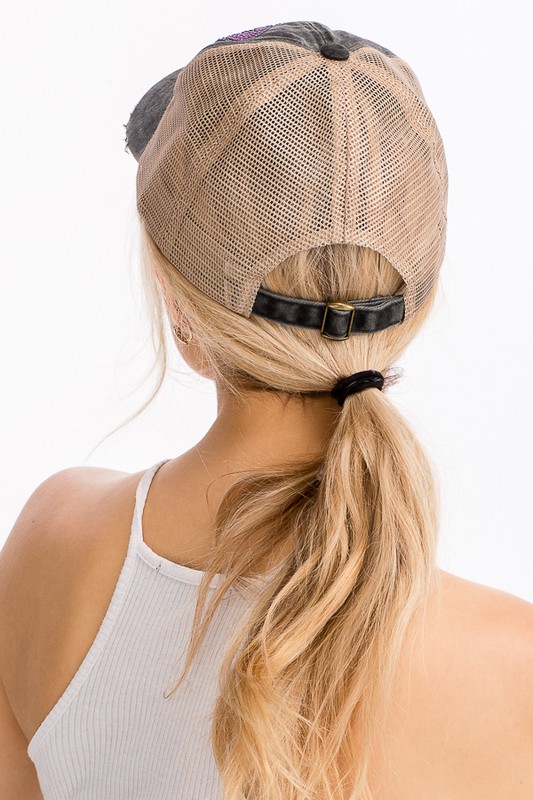 Butterfly Colorful Stone Applique Pigment Dyed Distressed Strap Back Trucker Cap