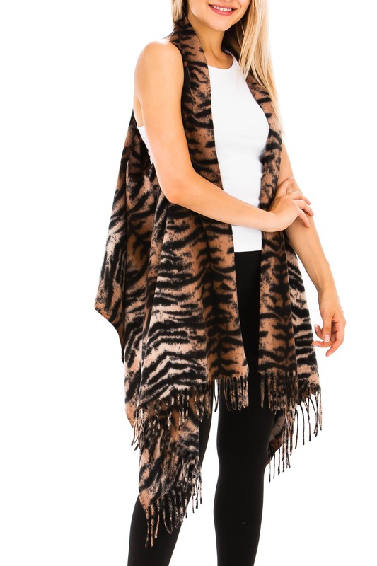Tiger Printed Cashmere Felt Fringed  Long Vest - Brown