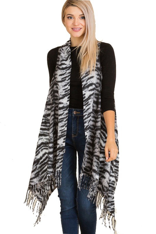 Tiger Printed Cashmere Felt Fringed  Long Vest - Black/White