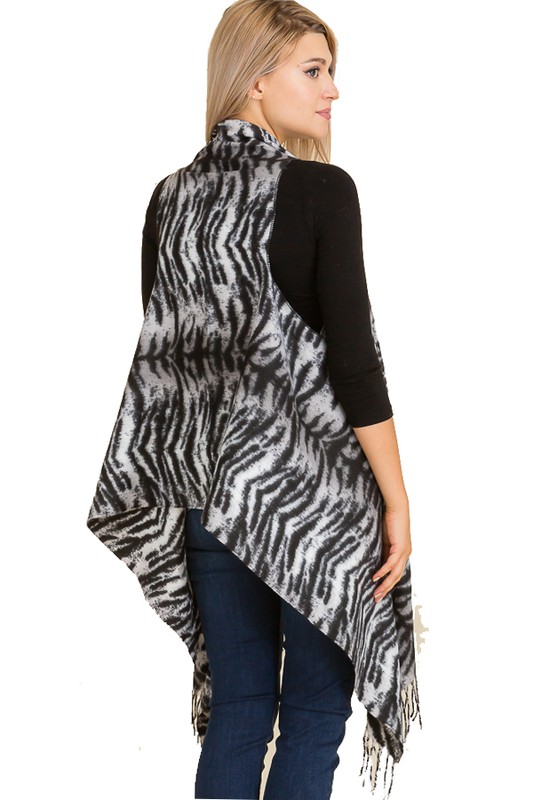 Tiger Printed Cashmere Felt Fringed  Long Vest - Black/White