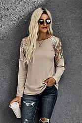 Sequin Shoulder Long Sleeve Top - Taupe
