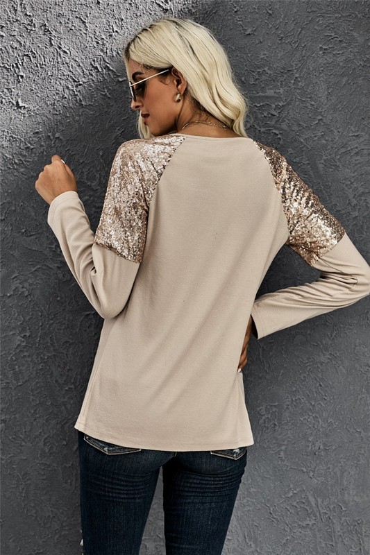 Sequin Shoulder Long Sleeve Top - Taupe