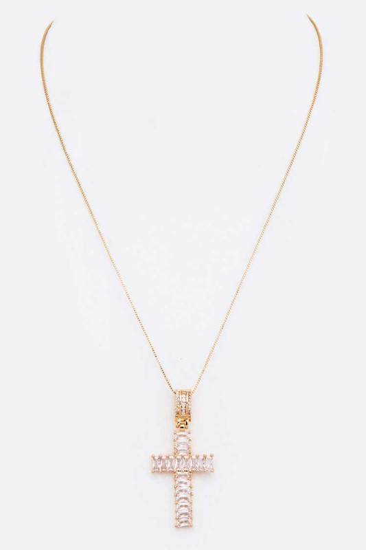 CZ Baguette Cross Gold Pendant Necklace