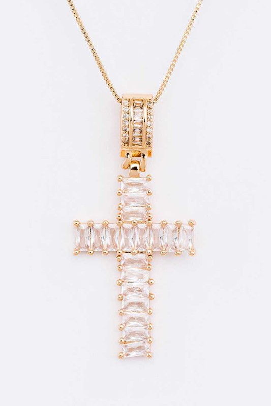 CZ Baguette Cross Pendant Necklace
