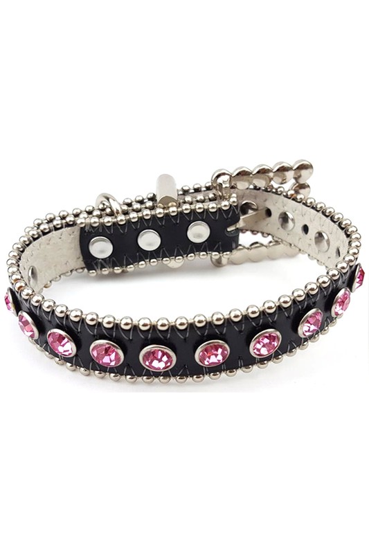 Black & Hot Pink Leather Dog Collar