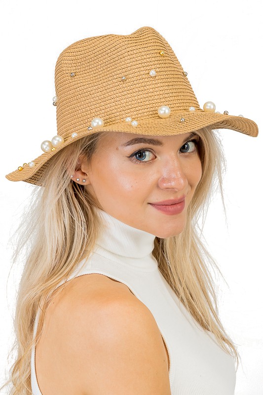 Studded Stone & Mixed Pearl Panama Hat - Tan