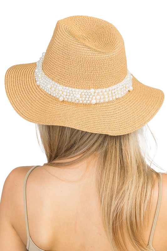 Faux Pearl Embellished Band Decor Toyo Straw Floppy Hat
