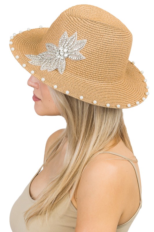 Rhinestone Patch Faux Pearl Lined Classy Trimmed Toyo Straw Hat
