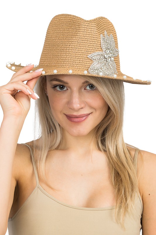 Rhinestone Patch Faux Pearl Lined Classy Trimmed Toyo Straw Hat