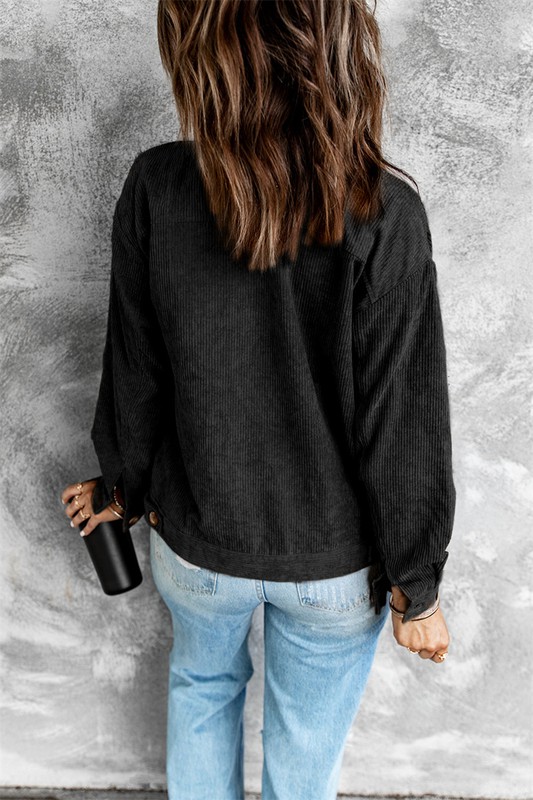Ribbed Corduroy Long Sleeve Jacket with Pocket - Black