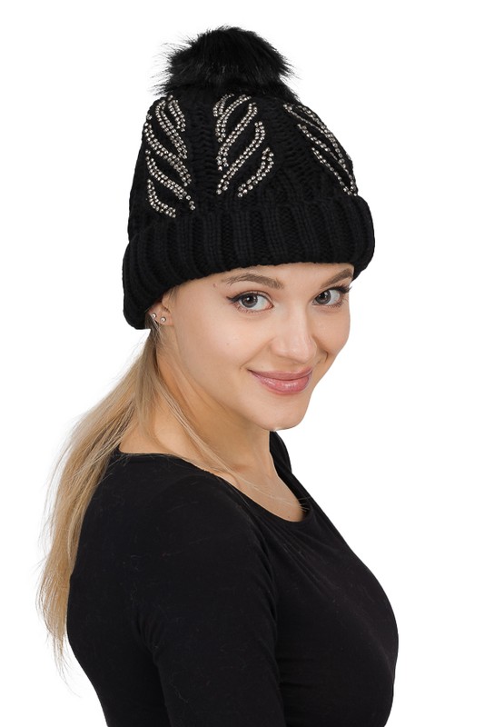 Chevron Stripe Bling Rhinestone Embellished Ribbed Knit Sherpa Fur Lined Pom Pom Beanie