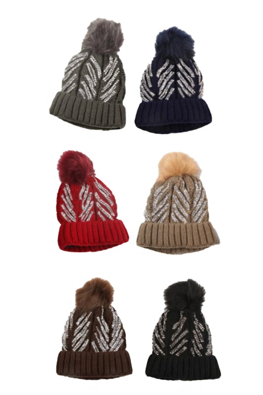 Chevron Stripe Bling Rhinestone Embellished Ribbed Knit Sherpa Fur Lined Pom Pom Beanie